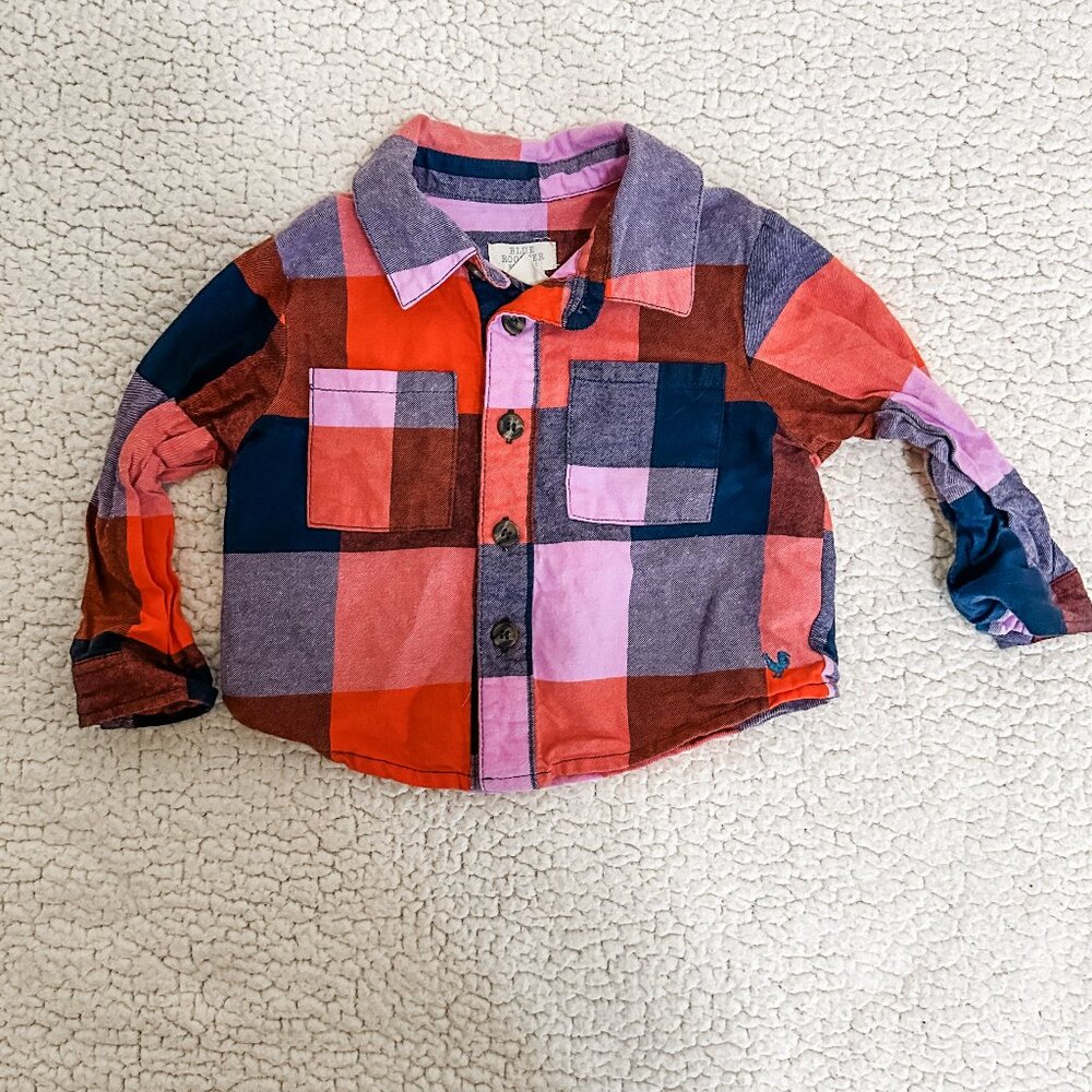 Blue Rooster/Pink Chicken Plaid Flannel Button-Down * - Picture 2 of 4